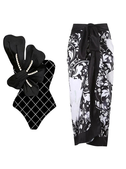 Pearl Floral Black Print Swimsuit Set