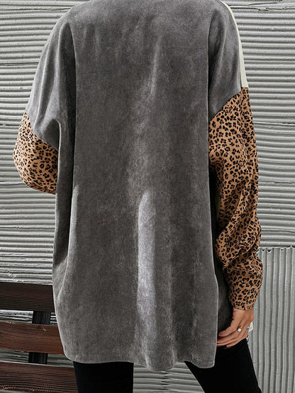 Gray Color Block Leopard Patched Corduroy Shacket