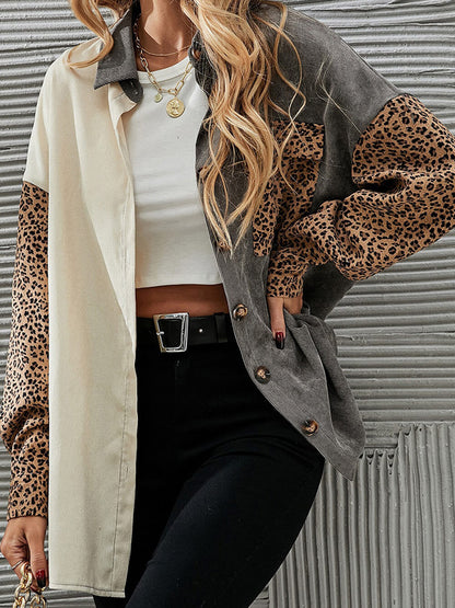 Gray Color Block Leopard Patched Corduroy Shacket