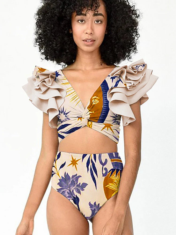 Ruffled Ethnic Print Bikini Set for Women
