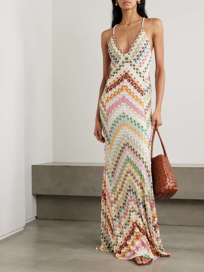 Knit Colorful Herringbone Print Open Beck Maxi Dress