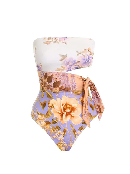 Cutout Floral Tie-Waist One-Piece Swimsuit