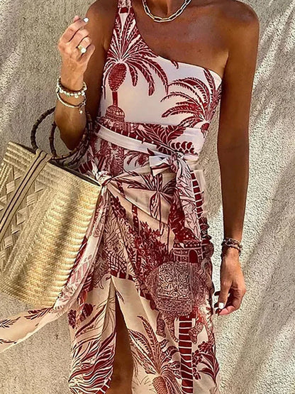 One-Shoulder Palm Print Swimsuit Set