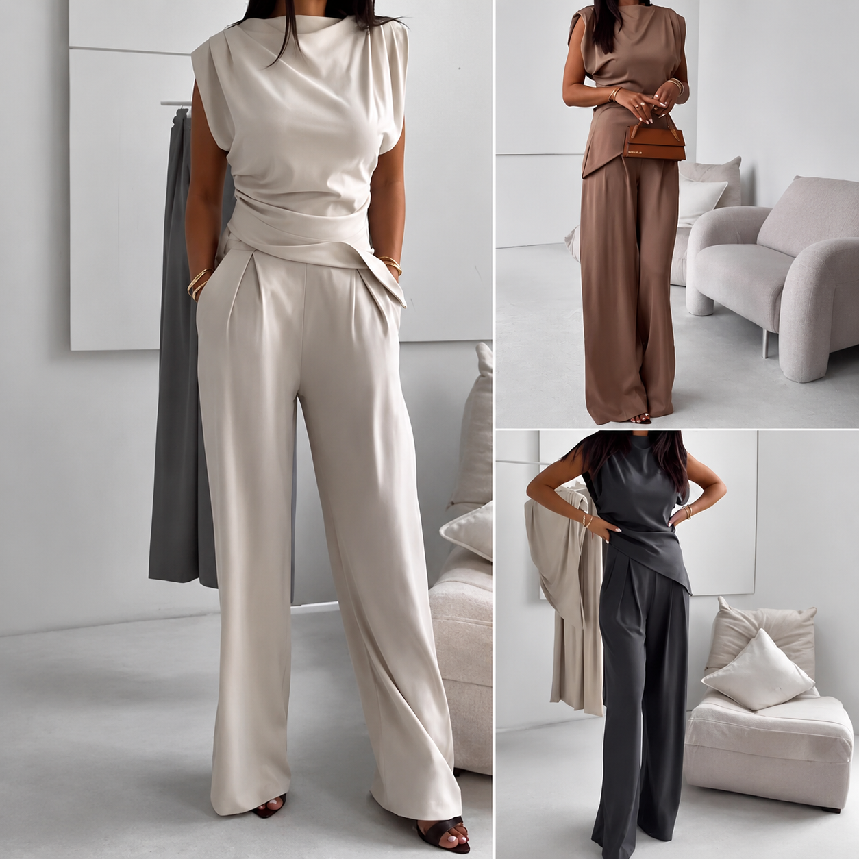 Women's Slim Fit Two Piece Set – Sleeveless Irregular Top & Trousers