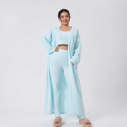 Cloudy Days™ 3-Piece Cozy Lounge Set – Matching Crop Top, Wide-Leg Pants & Cardigan