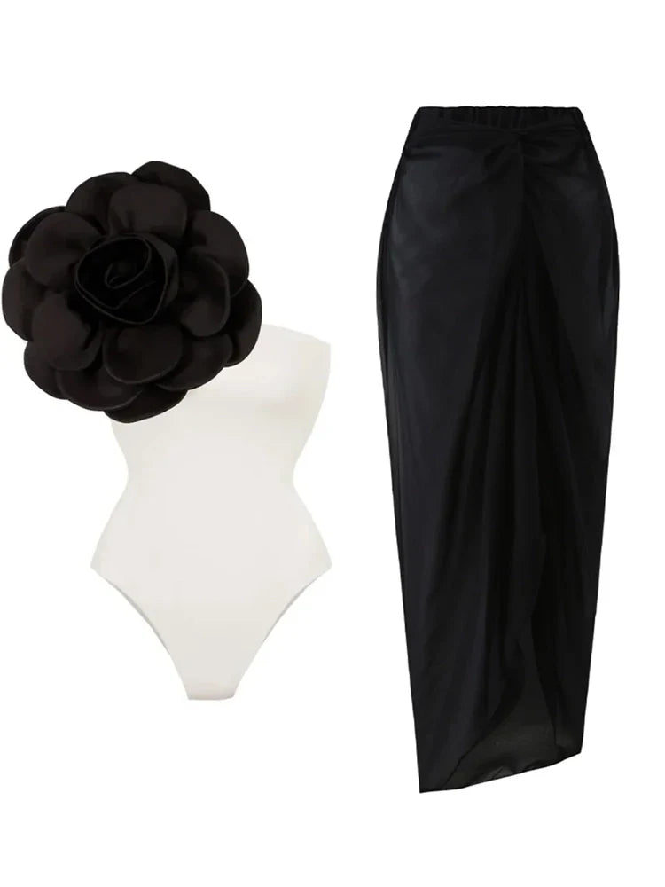 3D Floral Solid Color Swimsuit