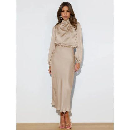 Étoile™ Satin Halter Evening Dress – Elegant Long Sleeve Formal Gown